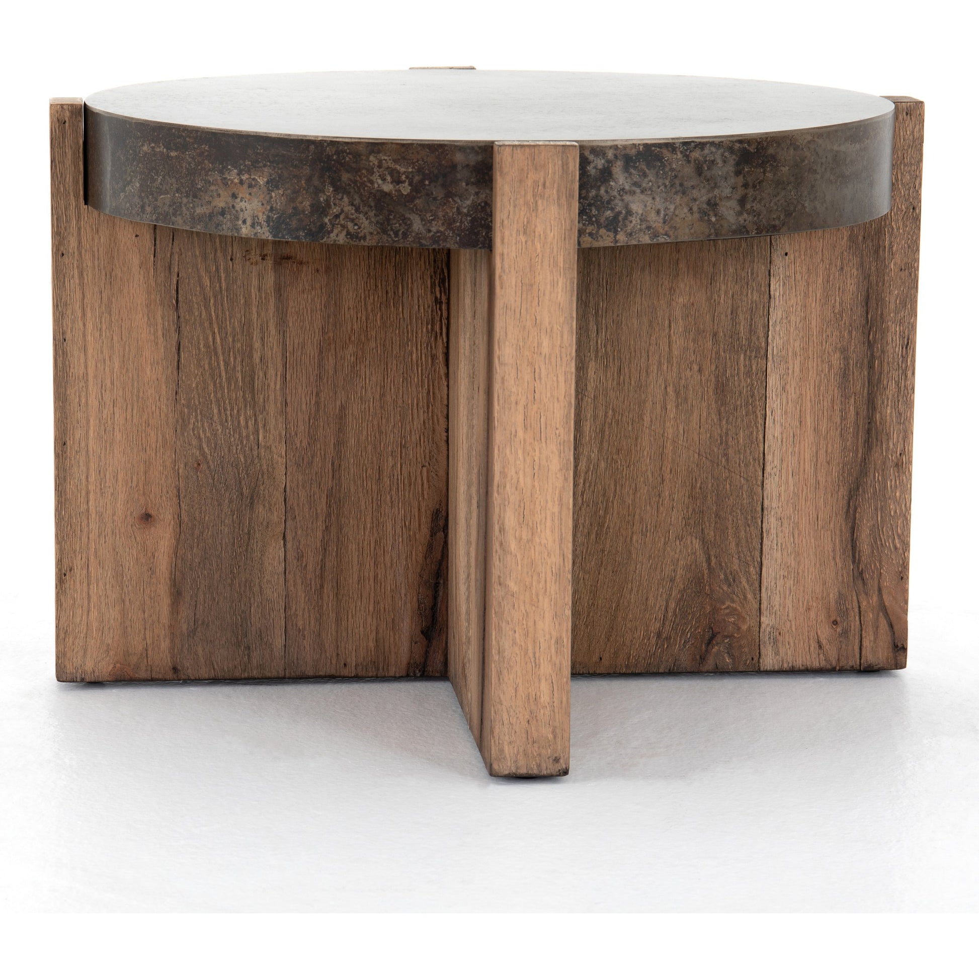 Bingham End Table by Four Hands in rustic oak veneer, distressed iron and distressed iron. Made from thick oak veneer, engineered hardwood, iron in a rustic style.