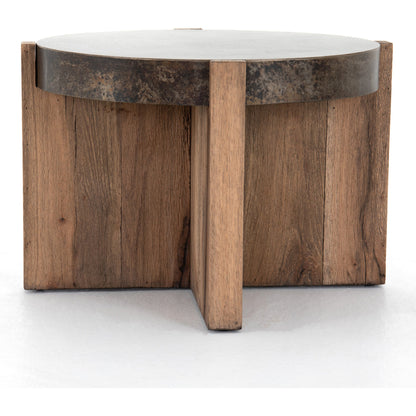 Bingham End Table by Four Hands in rustic oak veneer, distressed iron and distressed iron. Made from thick oak veneer, engineered hardwood, iron in a rustic style.
