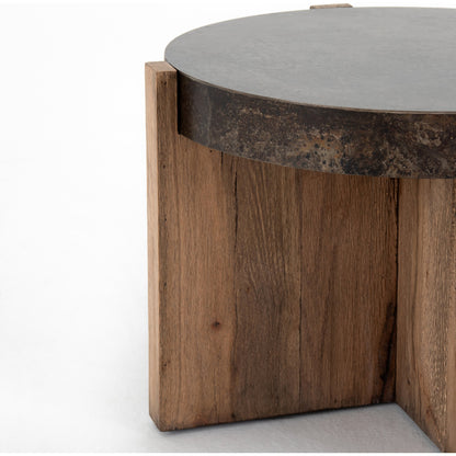 Bingham End Table by Four Hands in rustic oak veneer, distressed iron and distressed iron. Made from thick oak veneer, engineered hardwood, iron in a rustic style.