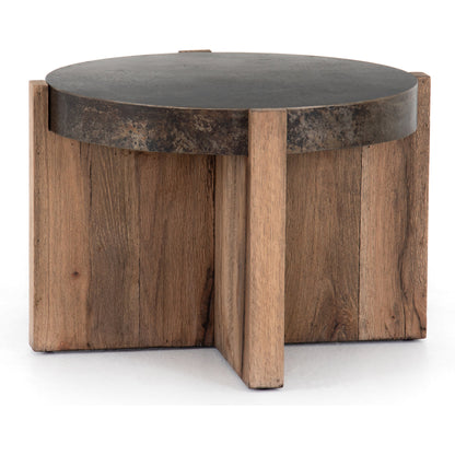 Bingham End Table by Four Hands in rustic oak veneer, distressed iron and distressed iron. Made from thick oak veneer, engineered hardwood, iron in a rustic style.
