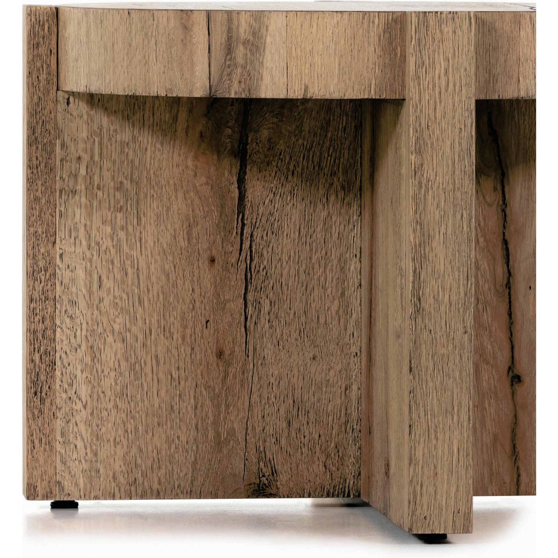 Bingham End Table by Four Hands in rustic oak veneer, distressed iron and distressed iron. Made from thick oak veneer, engineered hardwood, iron in a rustic style.