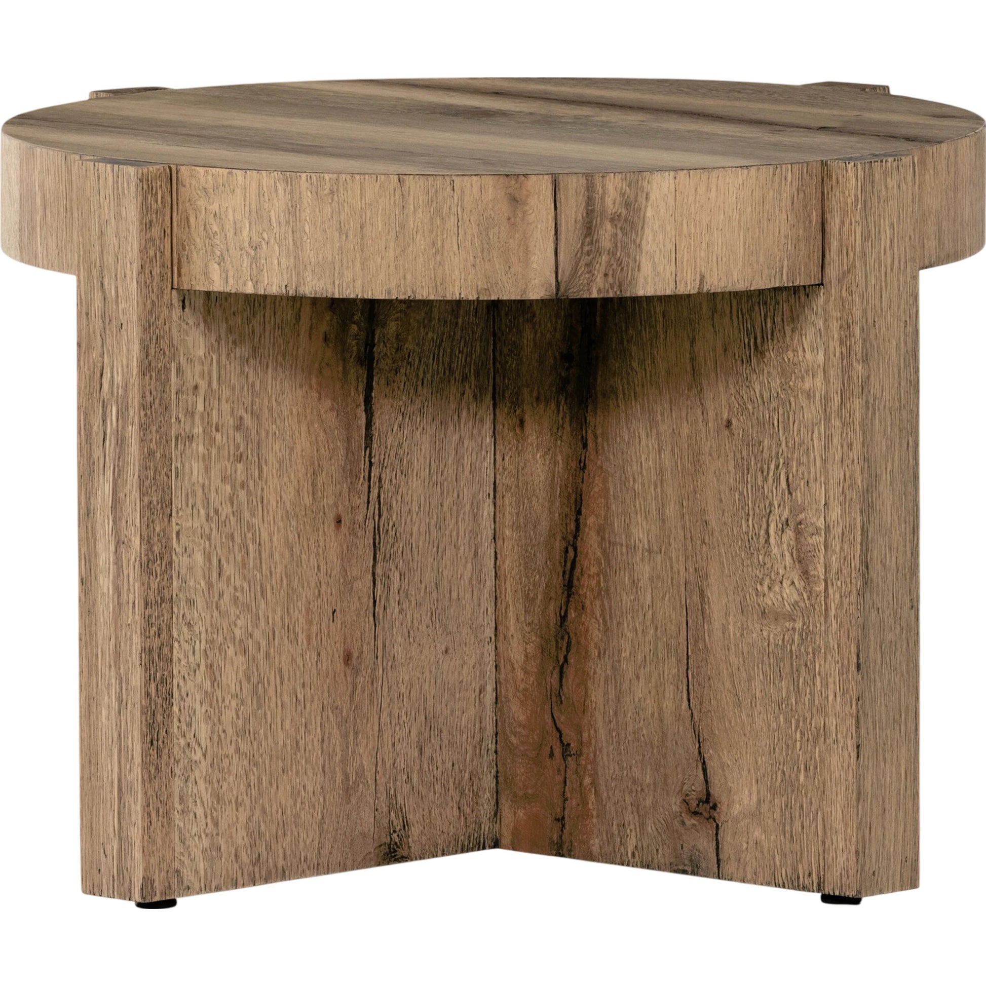 Bingham End Table by Four Hands in rustic oak veneer, distressed iron and distressed iron. Made from thick oak veneer, engineered hardwood, iron in a rustic style.