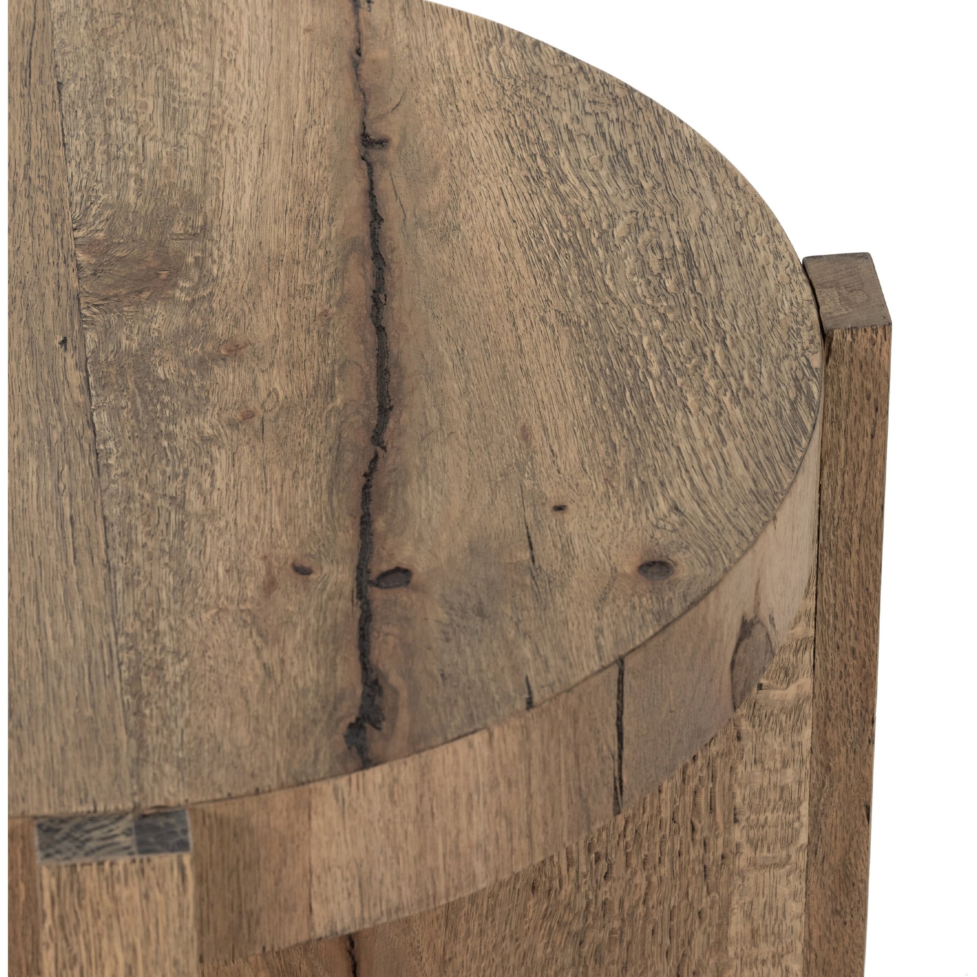 Bingham End Table by Four Hands in rustic oak veneer, distressed iron and distressed iron. Made from thick oak veneer, engineered hardwood, iron in a rustic style.