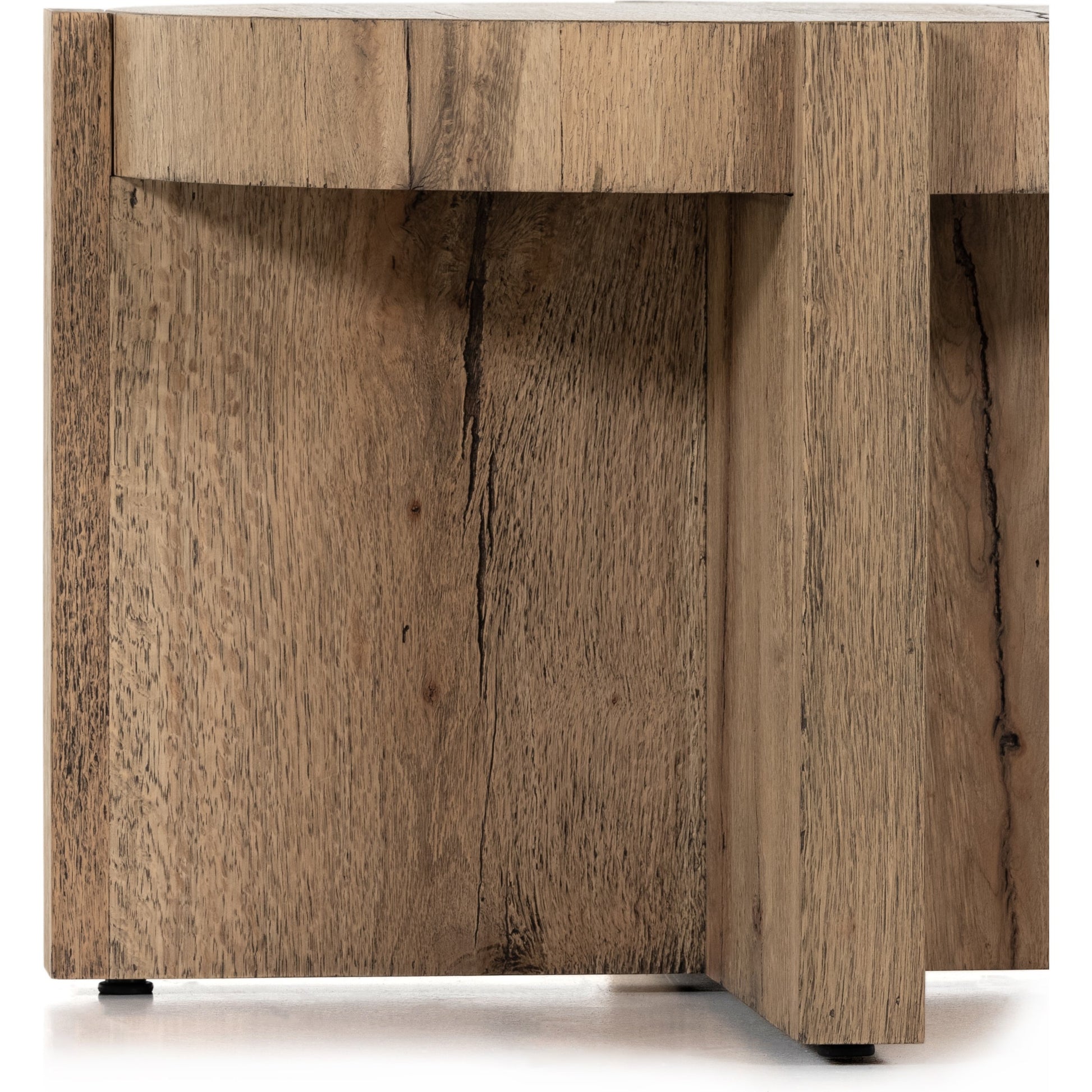 Bingham End Table by Four Hands in rustic oak veneer, distressed iron and distressed iron. Made from thick oak veneer, engineered hardwood, iron in a rustic style.