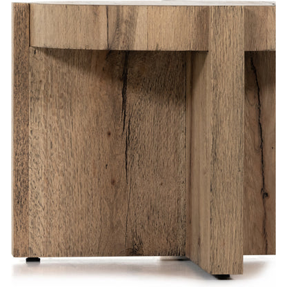 Bingham End Table by Four Hands in rustic oak veneer, distressed iron and distressed iron. Made from thick oak veneer, engineered hardwood, iron in a rustic style.
