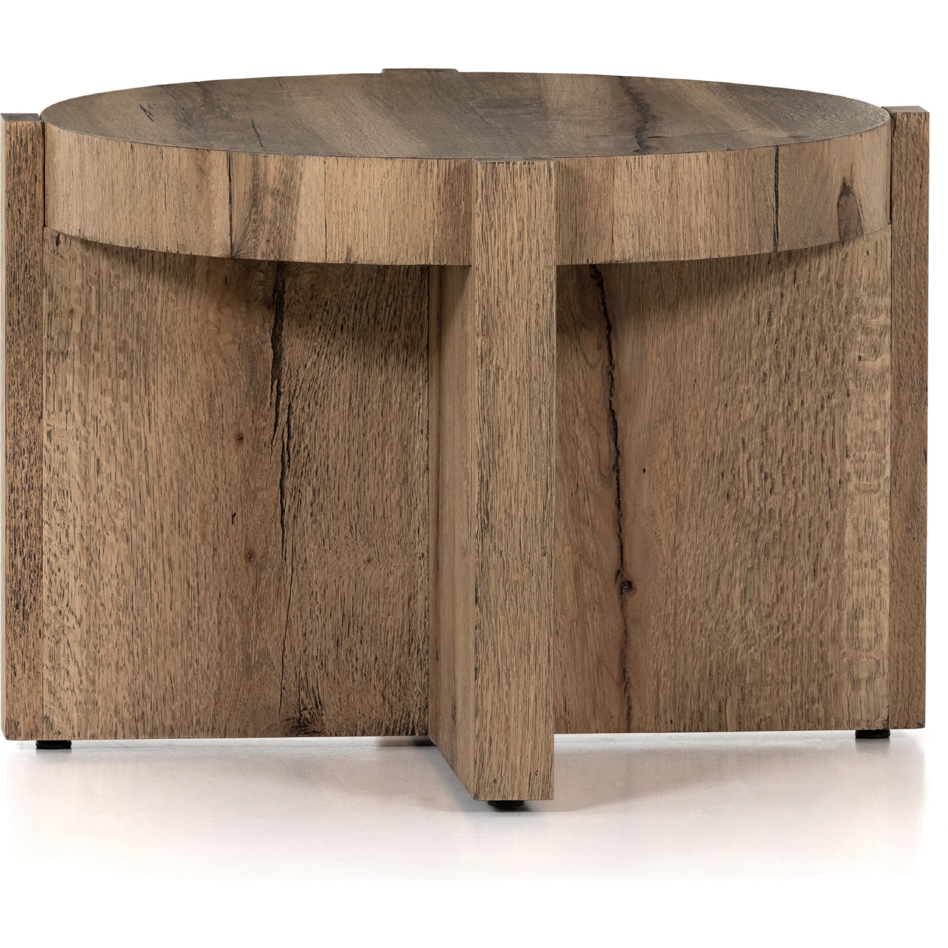 Bingham End Table by Four Hands in rustic oak veneer, distressed iron and distressed iron. Made from thick oak veneer, engineered hardwood, iron in a rustic style.