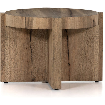 Bingham End Table by Four Hands in rustic oak veneer, distressed iron and distressed iron. Made from thick oak veneer, engineered hardwood, iron in a rustic style.