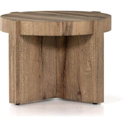 Bingham End Table by Four Hands in rustic oak veneer, distressed iron and distressed iron. Made from thick oak veneer, engineered hardwood, iron in a rustic style.