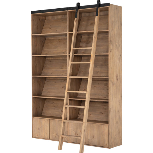 Bane Double Bookshelf with Ladder by Four Hands in smoked pine, black iron and smoked pine. Made from solid pine, iron in a cottage & farmhouse style.