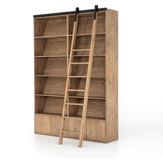 Bane Double Bookshelf with Ladder by Four Hands in smoked pine, black iron and smoked pine. Made from solid pine, iron in a cottage & farmhouse style.
