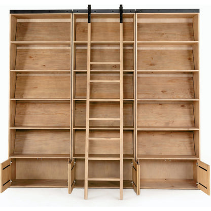 Bane Triple Bookshelf with Ladder by Four Hands in smoked pine, black iron and smoked pine. Made from solid pine, iron in a cottage & farmhouse style.