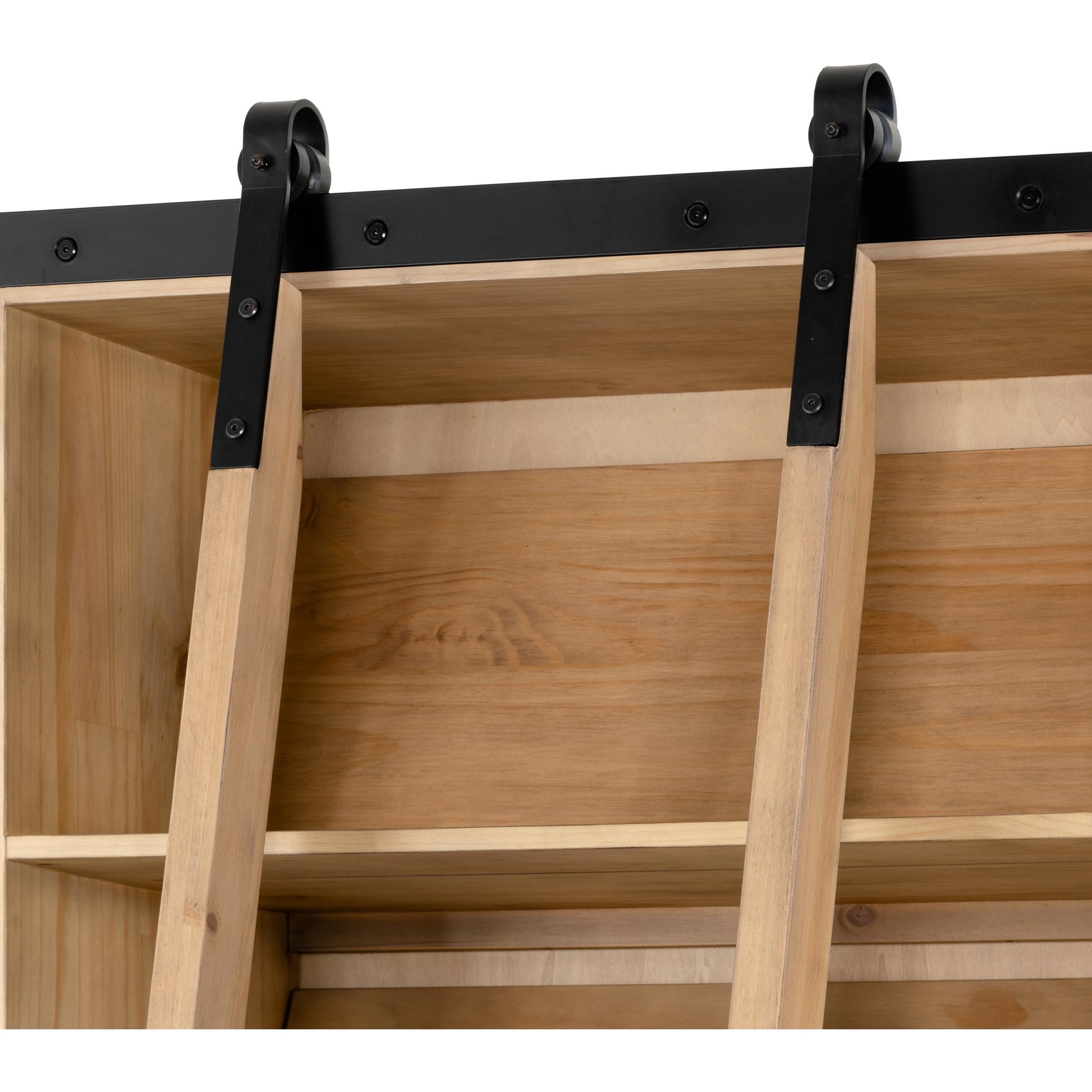 Bane Triple Bookshelf with Ladder by Four Hands in smoked pine, black iron and smoked pine. Made from solid pine, iron in a cottage & farmhouse style.