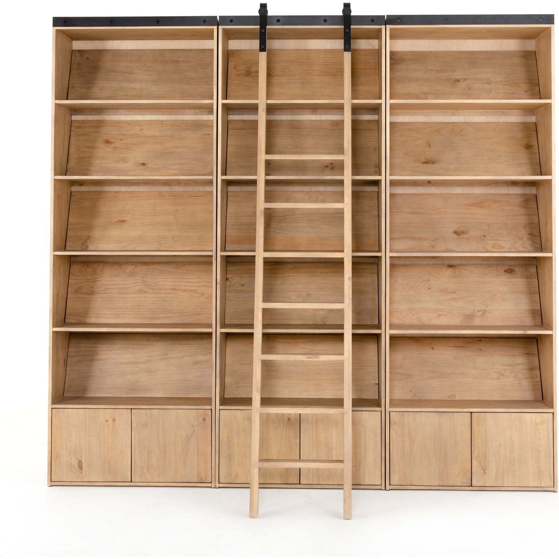 Bane Triple Bookshelf with Ladder by Four Hands in smoked pine, black iron and smoked pine. Made from solid pine, iron in a cottage & farmhouse style.