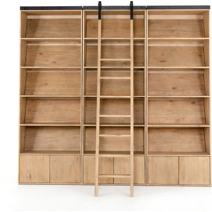 Bane Triple Bookshelf with Ladder by Four Hands in smoked pine, black iron and smoked pine. Made from solid pine, iron in a cottage & farmhouse style.