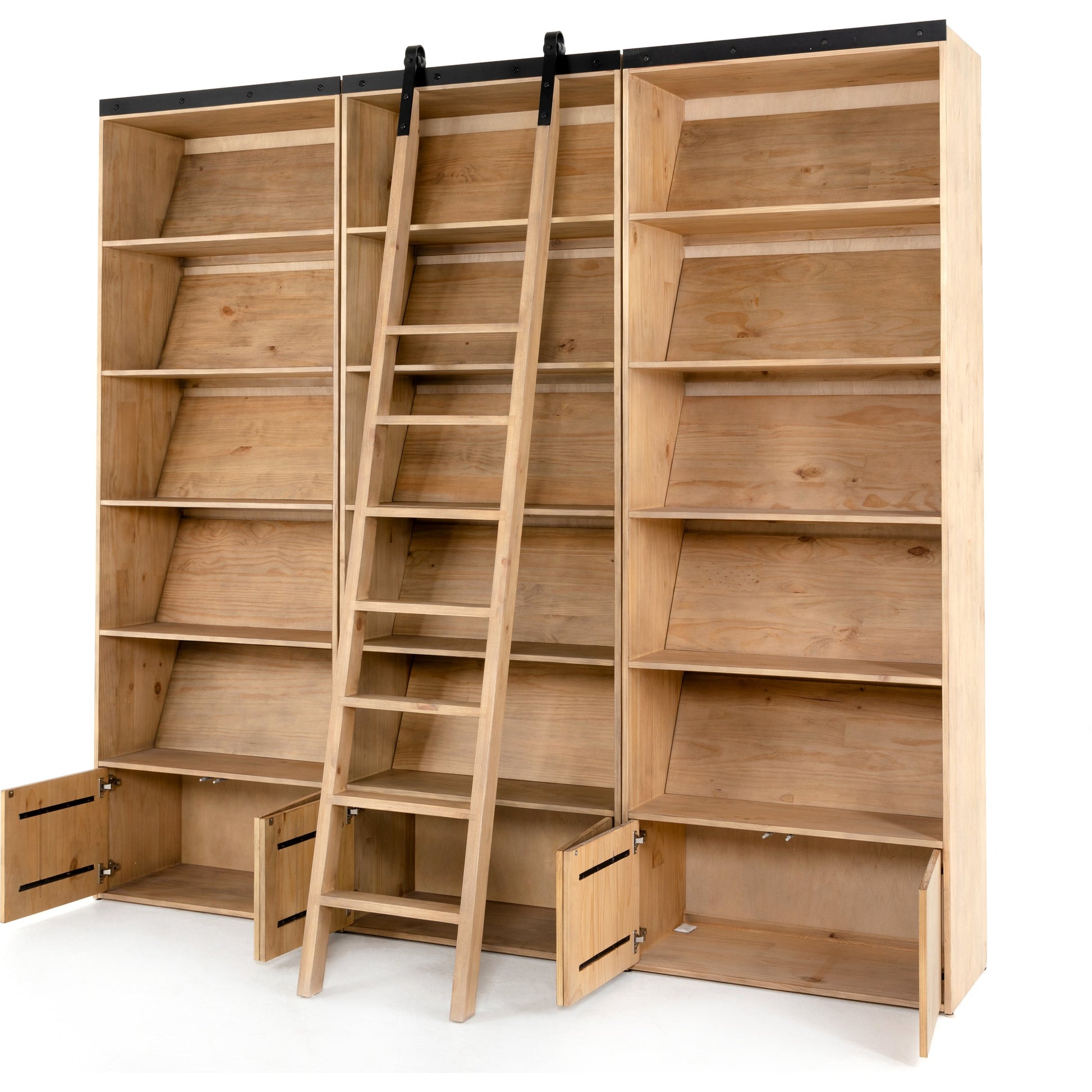 Bane Triple Bookshelf with Ladder by Four Hands in smoked pine, black iron and smoked pine. Made from solid pine, iron in a cottage & farmhouse style.