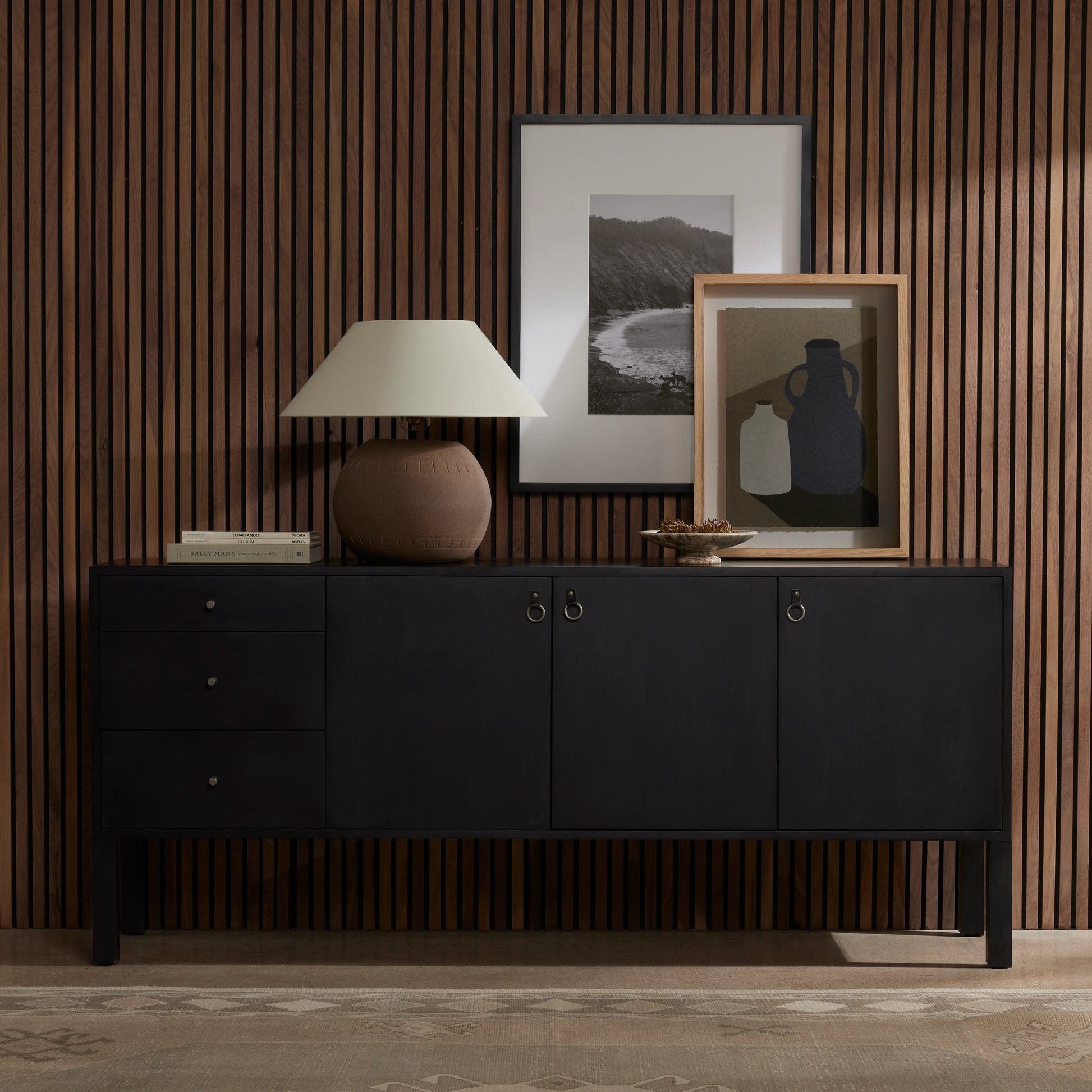Isador Sideboard by Four Hands. Made from solid poplar, top grain leather, iron in a modern style.