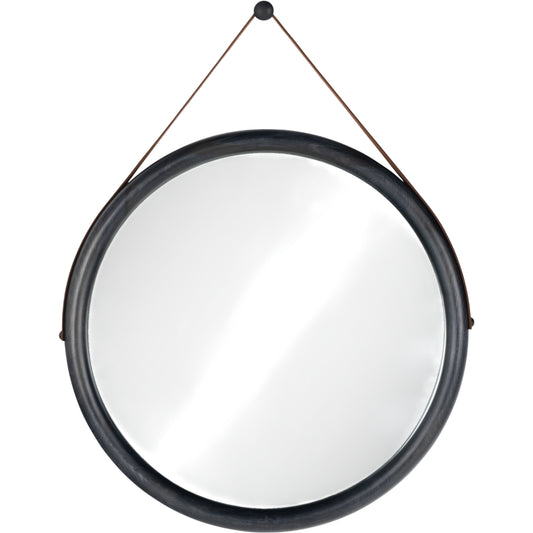 Des Mirror by Four Hands in black steel, toffee leather and black wash poplar. Made from solid poplar, top grain leather, iron in a modern style.