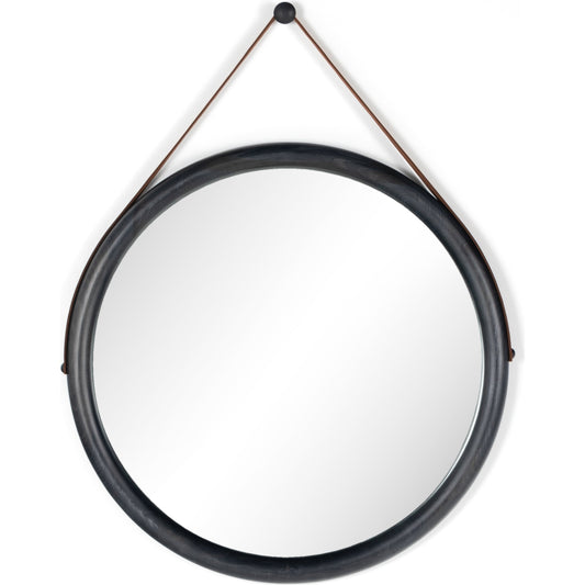 Des Mirror by Four Hands in black steel, toffee leather and black wash poplar. Made from solid poplar, top grain leather, iron in a modern style.