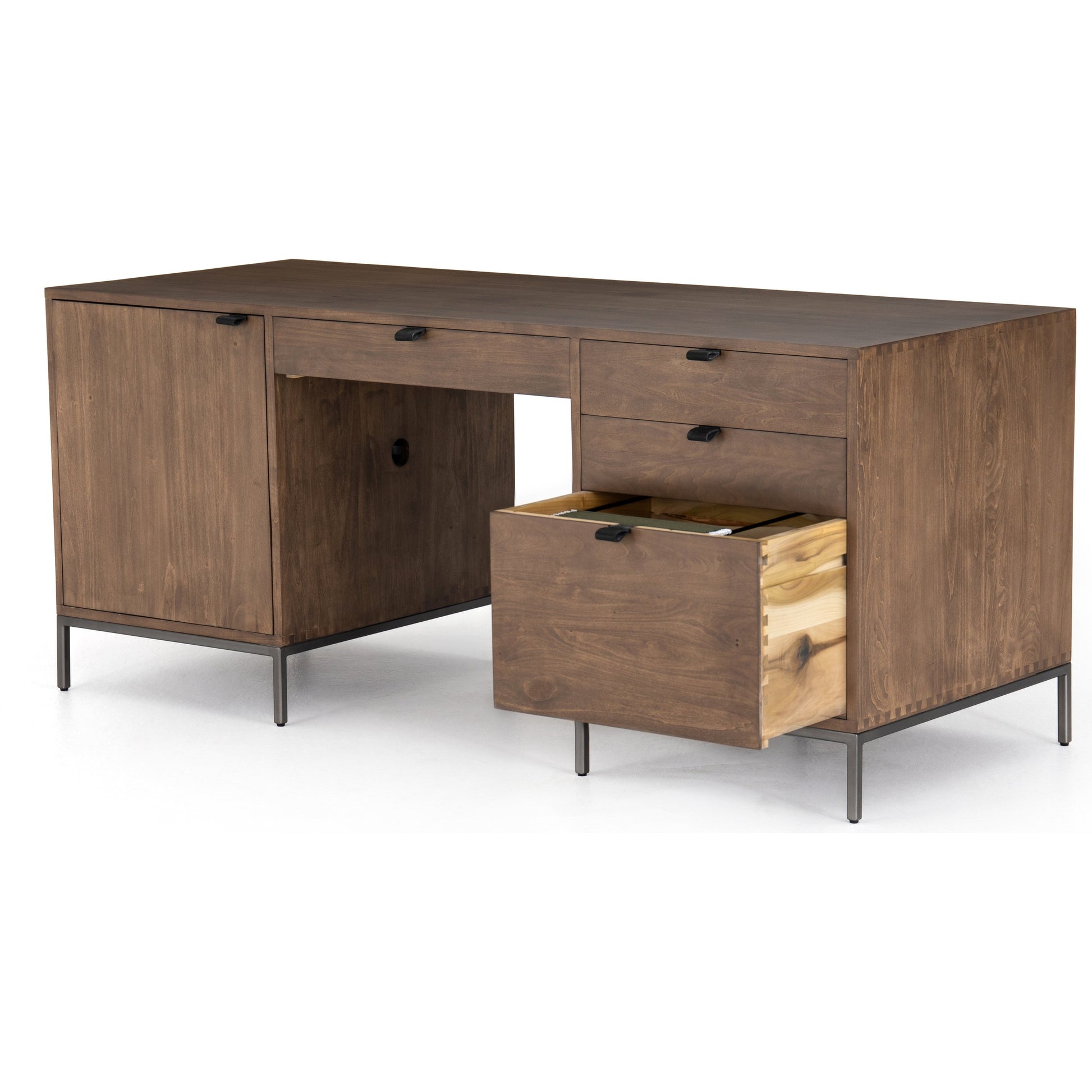 Trey Executive Desk by Four Hands. Made from solid poplar, top grain leather, iron in a rustic style.
