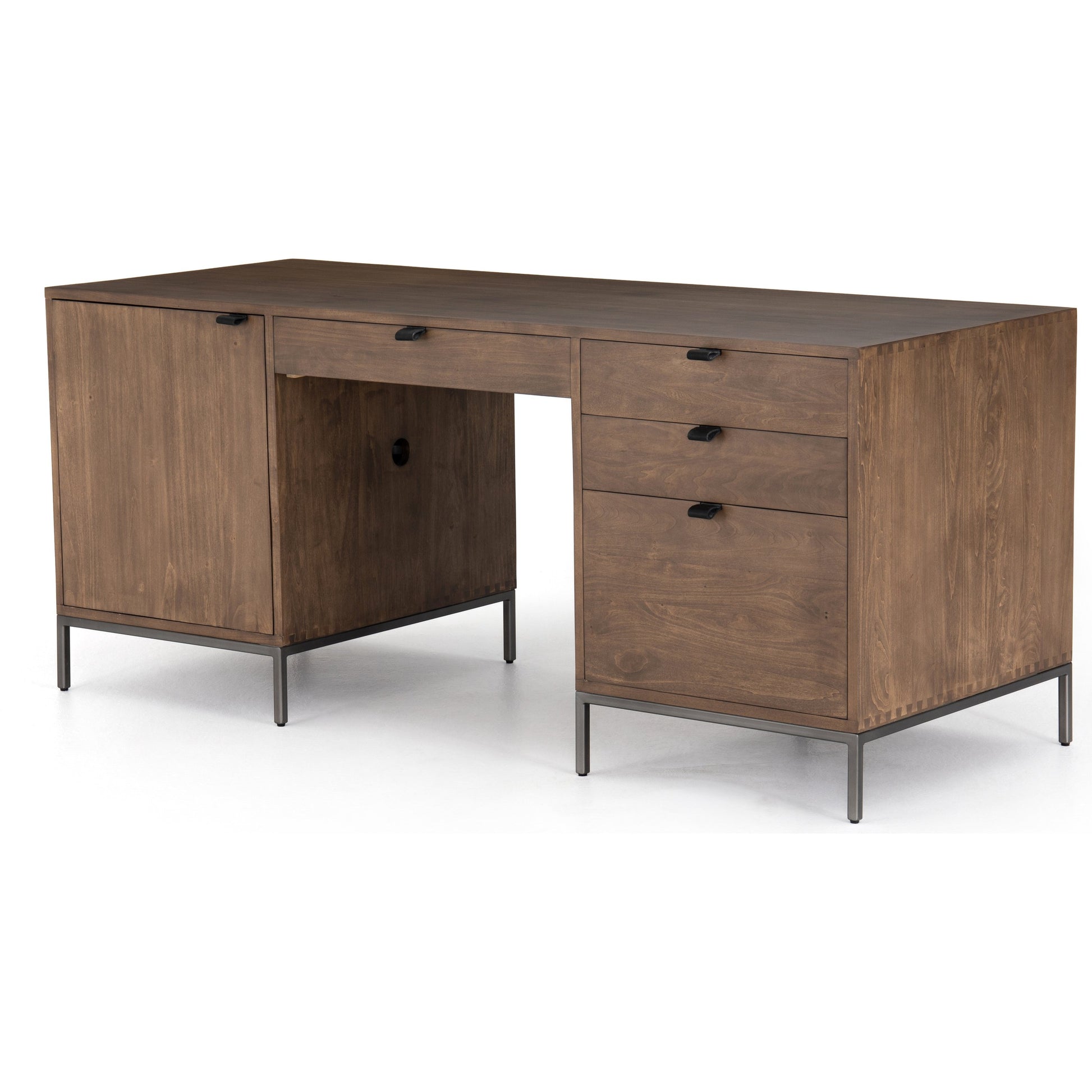 Trey Executive Desk by Four Hands. Made from solid poplar, top grain leather, iron in a rustic style.