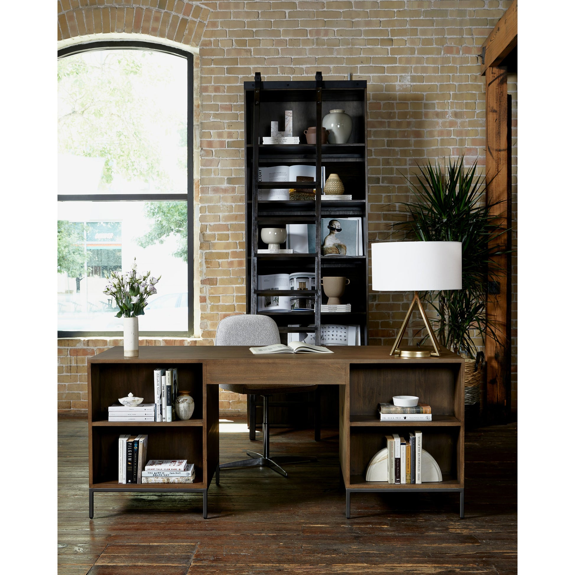 Trey Executive Desk by Four Hands. Made from solid poplar, top grain leather, iron in a rustic style.
