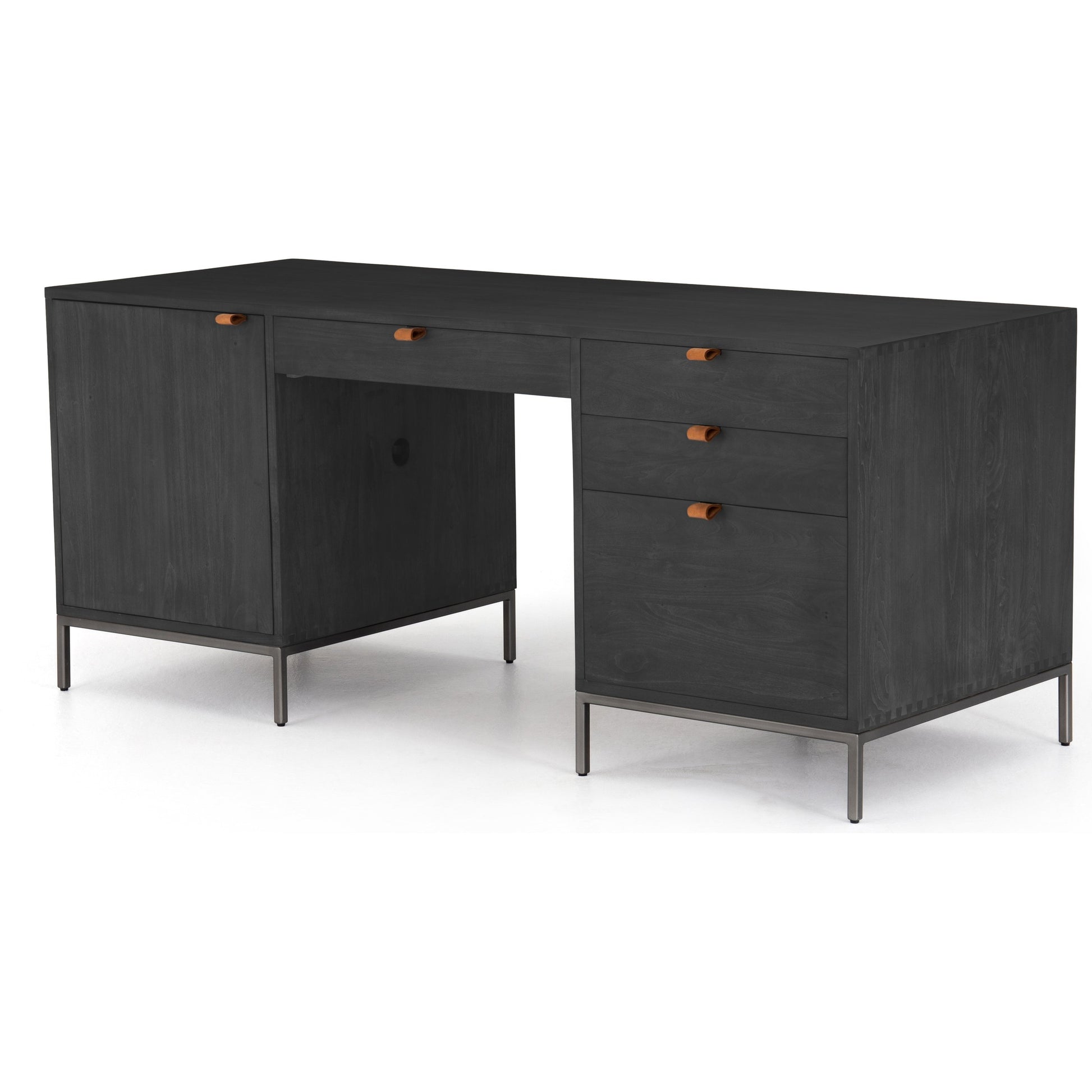 Trey Executive Desk by Four Hands. Made from solid poplar, top grain leather, iron in a rustic style.