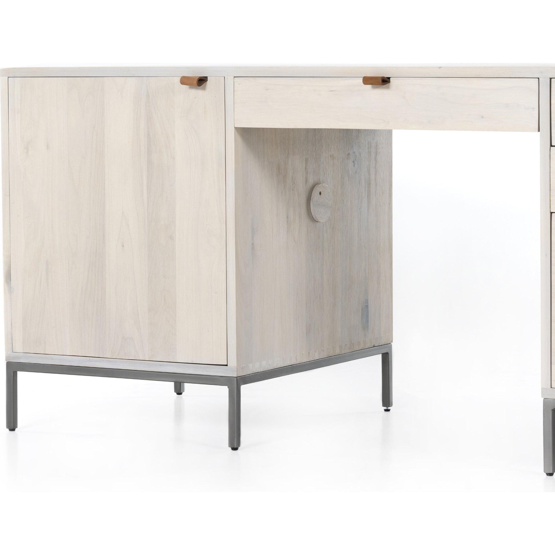 Trey Executive Desk by Four Hands. Made from solid poplar, top grain leather, iron in a rustic style.