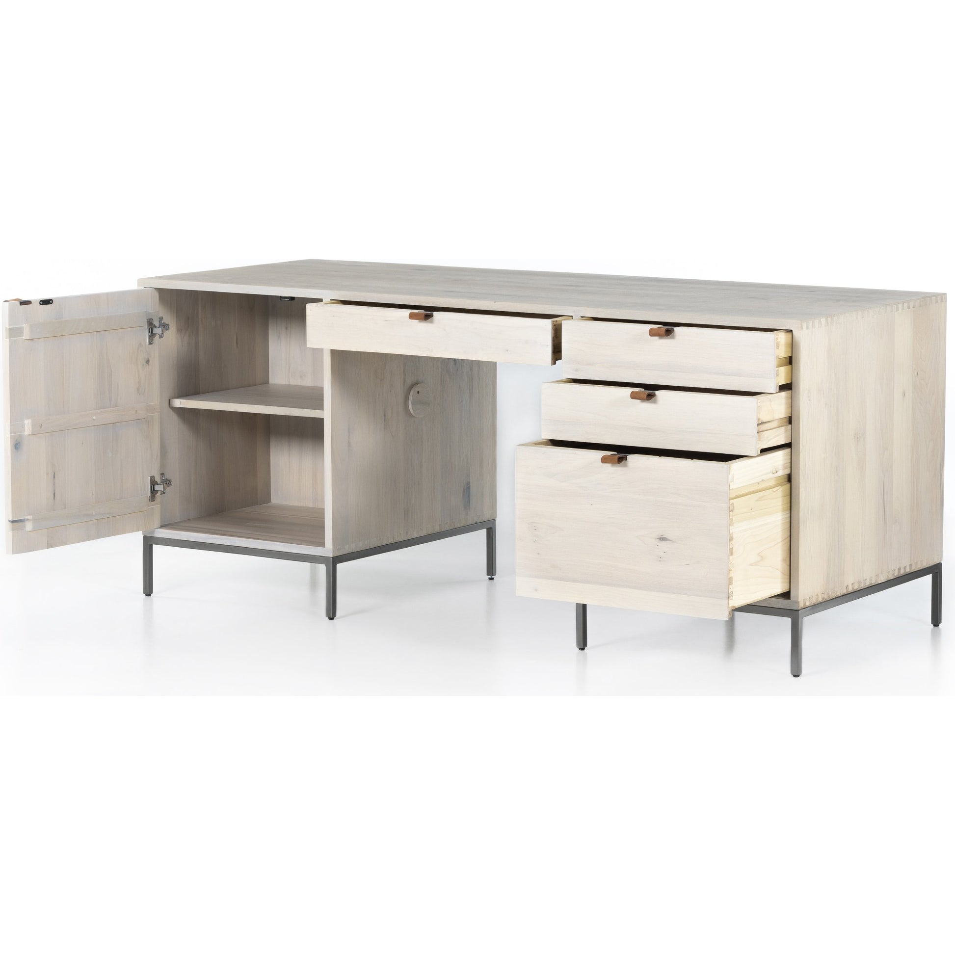 Trey Executive Desk by Four Hands. Made from solid poplar, top grain leather, iron in a rustic style.