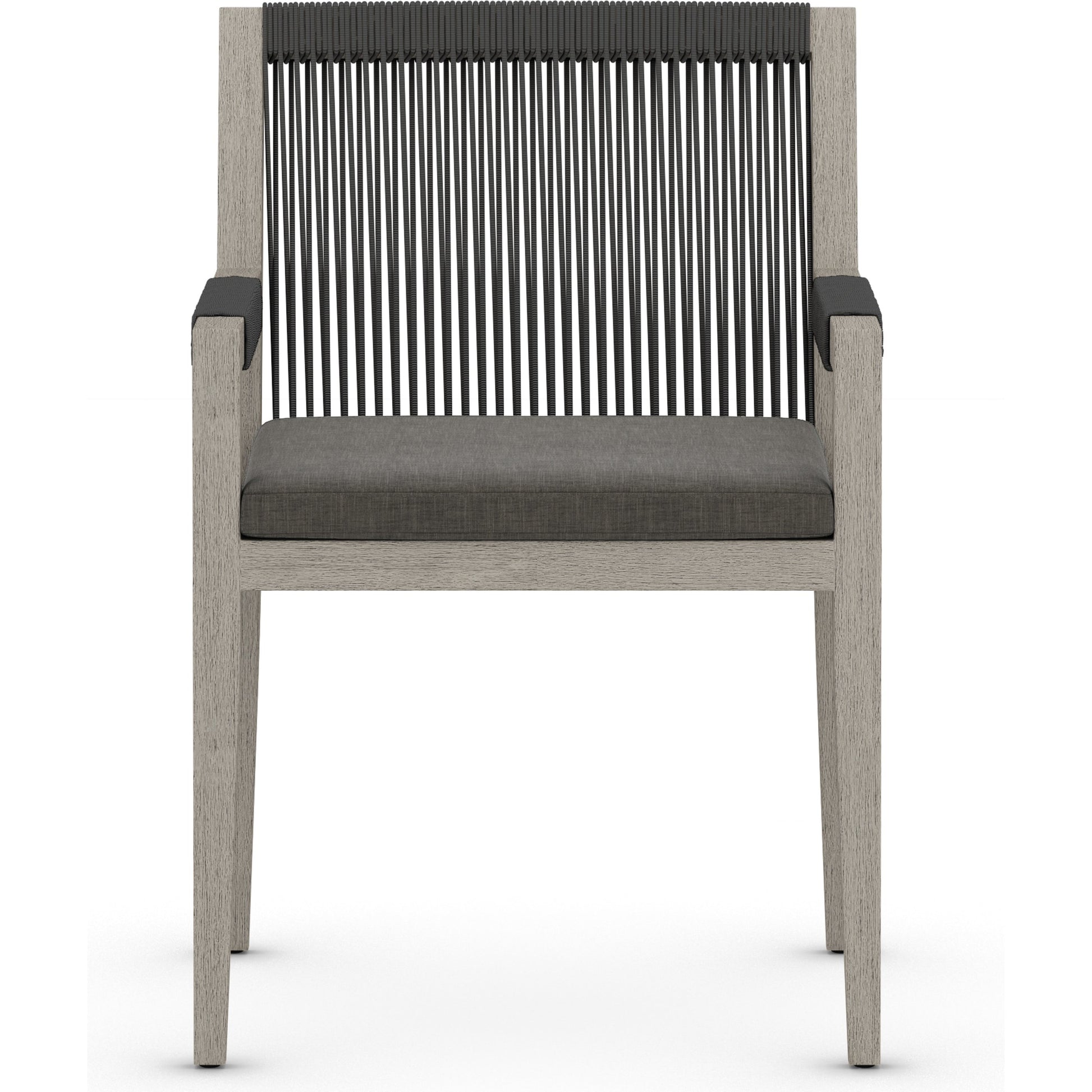 Sherwood Outdoor Dining Armchair, Weathered Grey by Four Hands. Made from 100% olefin, solid fsc®-certified teak, 100% polypropylene in a coastal style.
