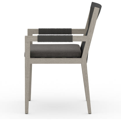 Sherwood Outdoor Dining Armchair, Weathered Grey by Four Hands. Made from 100% olefin, solid fsc®-certified teak, 100% polypropylene in a coastal style.