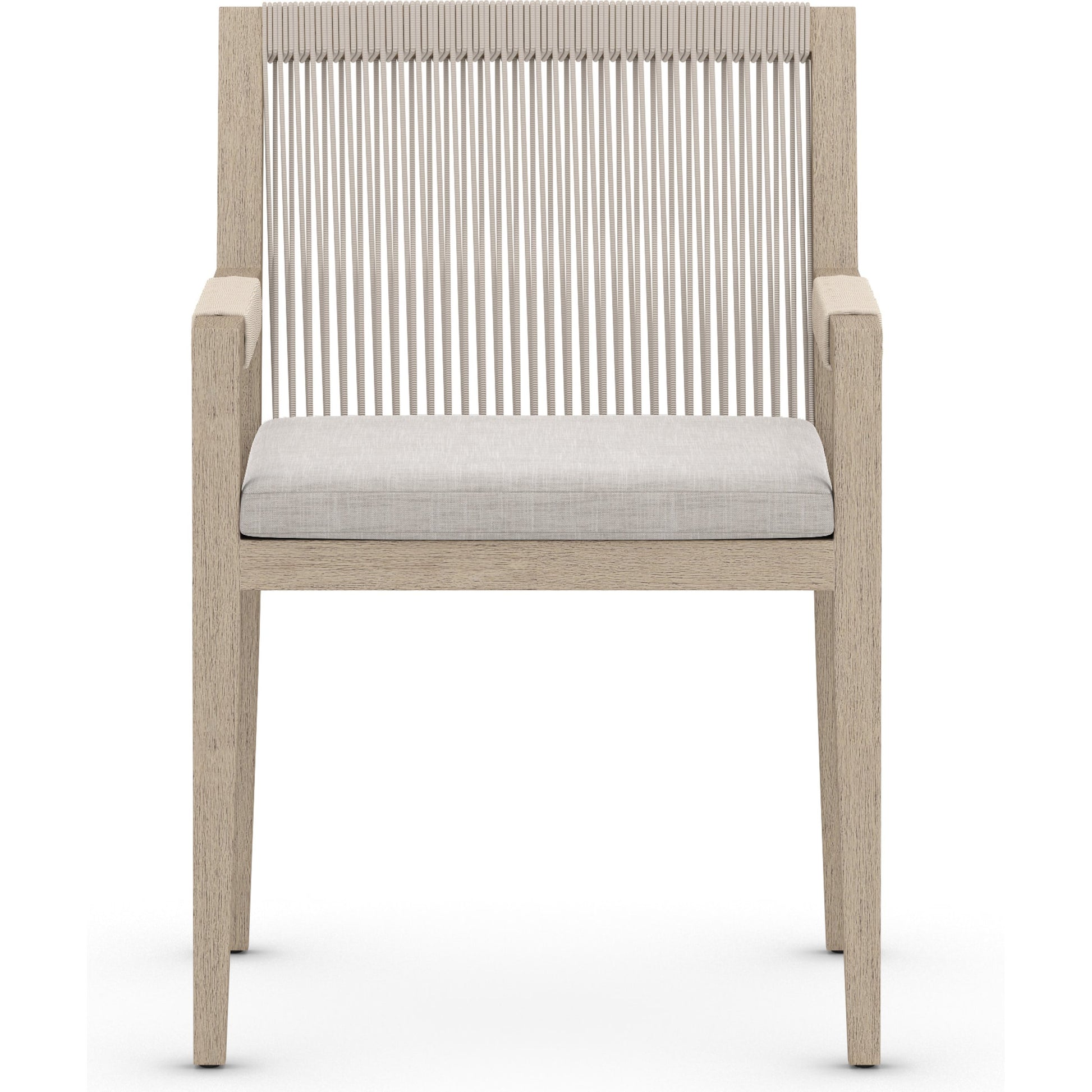 Sherwood Dining Armchair, Washed Brown by Four Hands. Made from 100% olefin, solid fsc®-certified teak, 100% polypropylene in a cottage & farmhouse style.