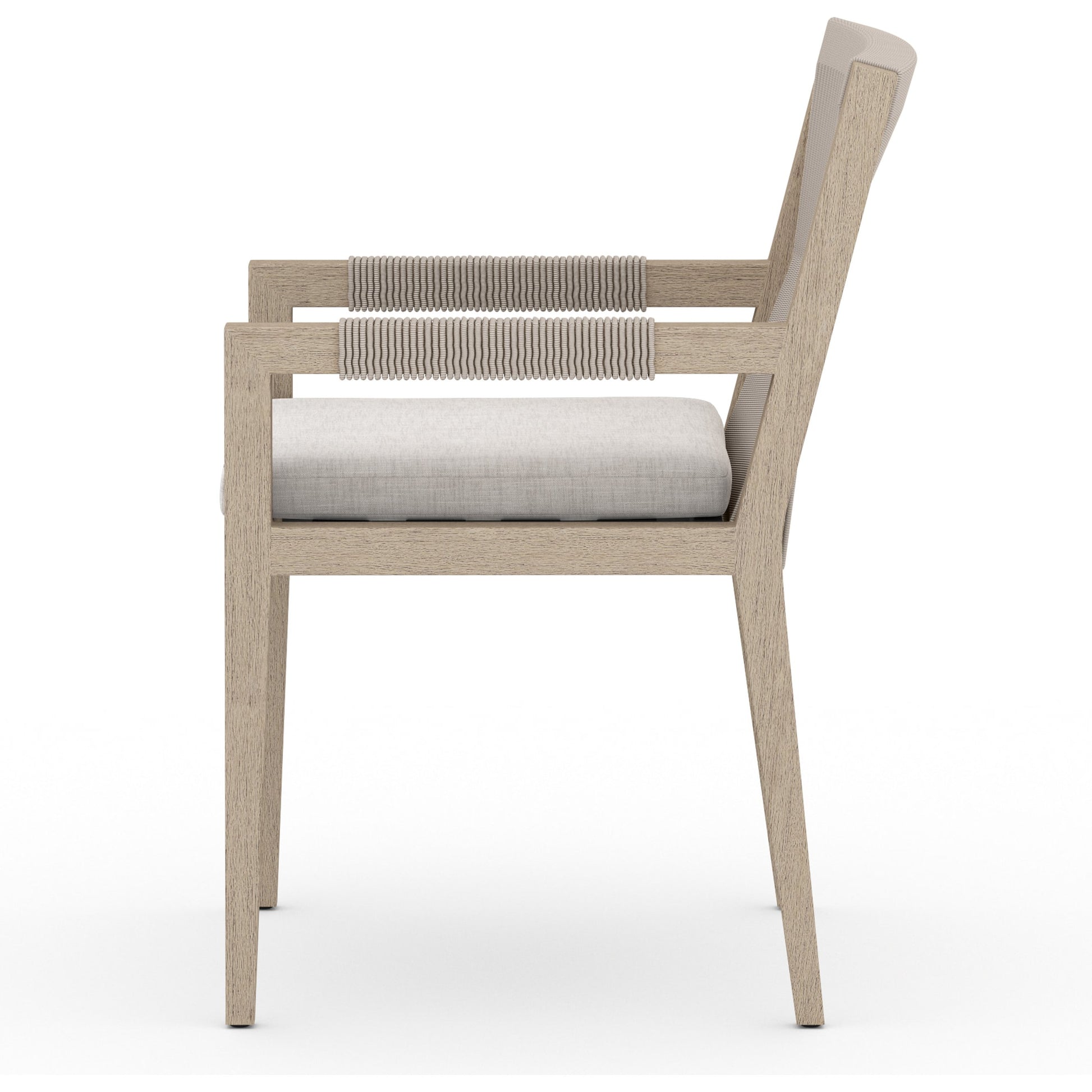 Sherwood Dining Armchair, Washed Brown by Four Hands. Made from 100% olefin, solid fsc®-certified teak, 100% polypropylene in a cottage & farmhouse style.