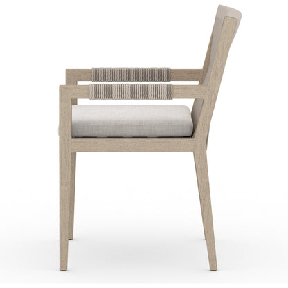 Sherwood Dining Armchair, Washed Brown by Four Hands. Made from 100% olefin, solid fsc®-certified teak, 100% polypropylene in a cottage & farmhouse style.