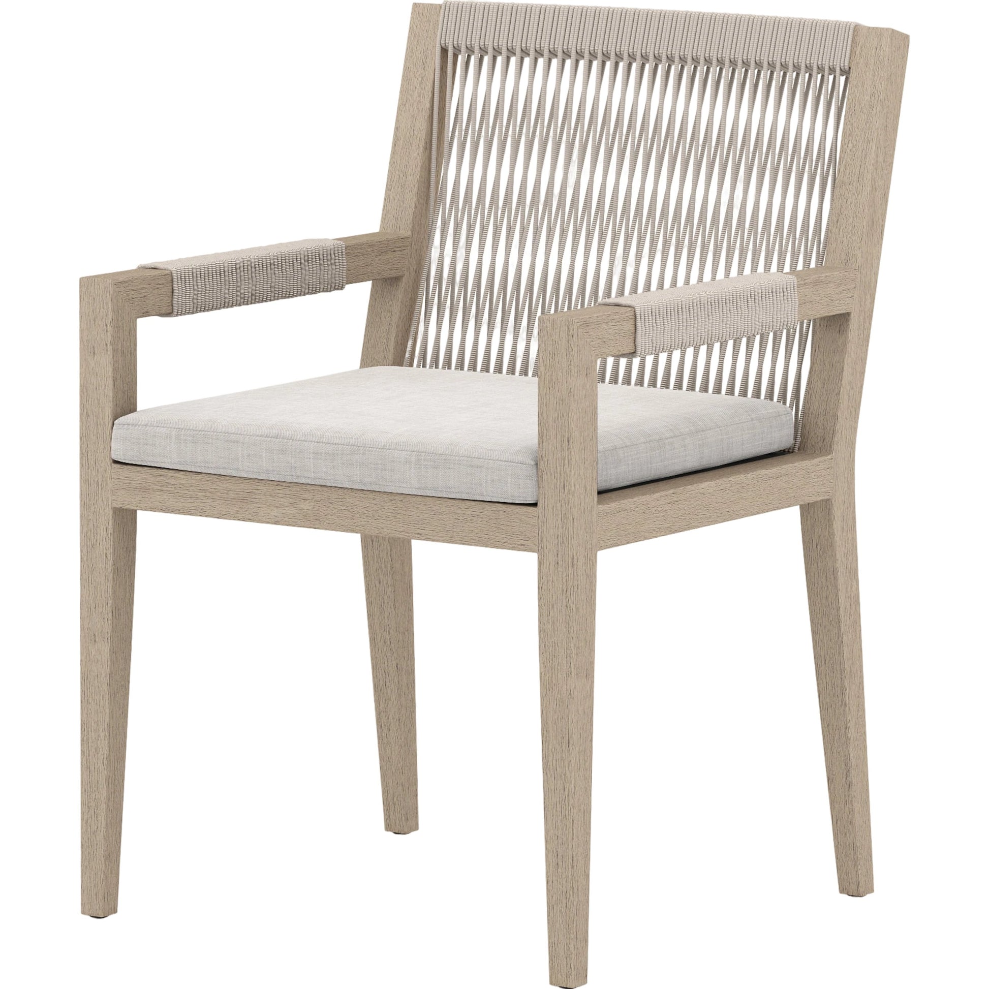 Sherwood Dining Armchair, Washed Brown by Four Hands. Made from 100% olefin, solid fsc®-certified teak, 100% polypropylene in a cottage & farmhouse style.