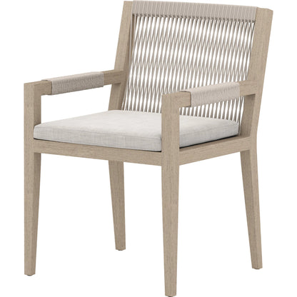 Sherwood Dining Armchair, Washed Brown by Four Hands. Made from 100% olefin, solid fsc®-certified teak, 100% polypropylene in a cottage & farmhouse style.
