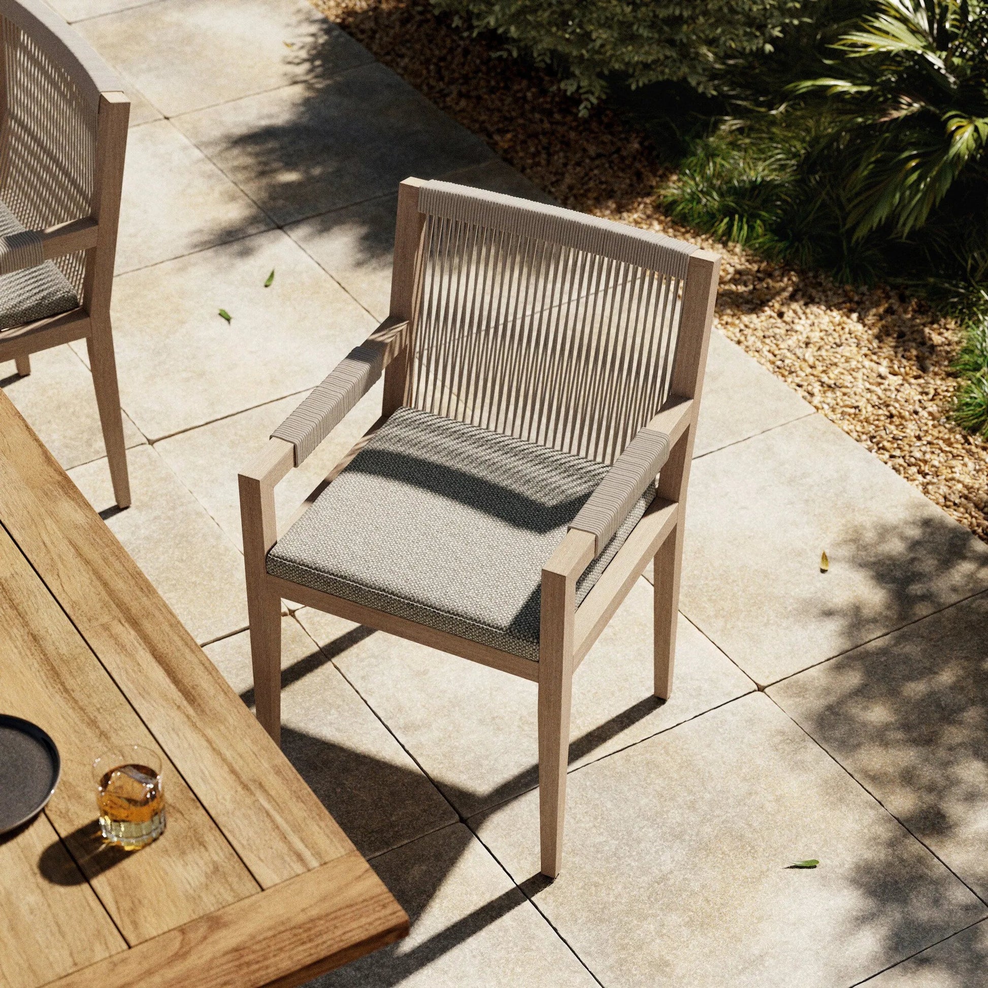 Sherwood Dining Armchair, Washed Brown by Four Hands. Made from 100% olefin, solid fsc®-certified teak, 100% polypropylene in a cottage & farmhouse style.