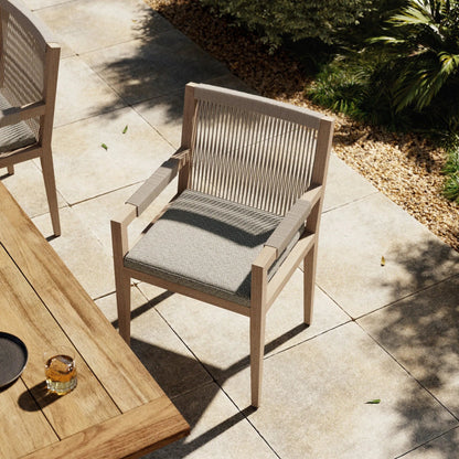 Sherwood Dining Armchair, Washed Brown by Four Hands. Made from 100% olefin, solid fsc®-certified teak, 100% polypropylene in a cottage & farmhouse style.