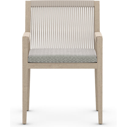 Sherwood Dining Armchair, Washed Brown by Four Hands. Made from 100% olefin, solid fsc®-certified teak, 100% polypropylene in a cottage & farmhouse style.