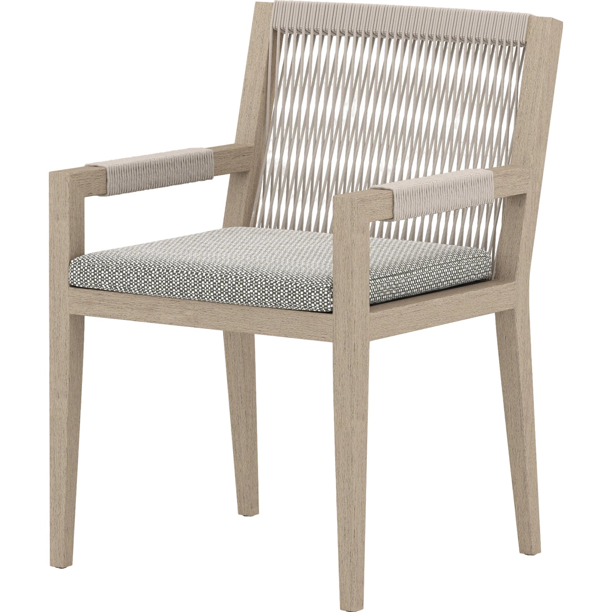 Sherwood Dining Armchair, Washed Brown by Four Hands. Made from 100% olefin, solid fsc®-certified teak, 100% polypropylene in a cottage & farmhouse style.
