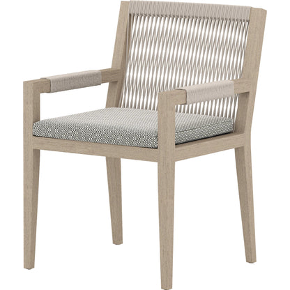 Sherwood Dining Armchair, Washed Brown by Four Hands. Made from 100% olefin, solid fsc®-certified teak, 100% polypropylene in a cottage & farmhouse style.