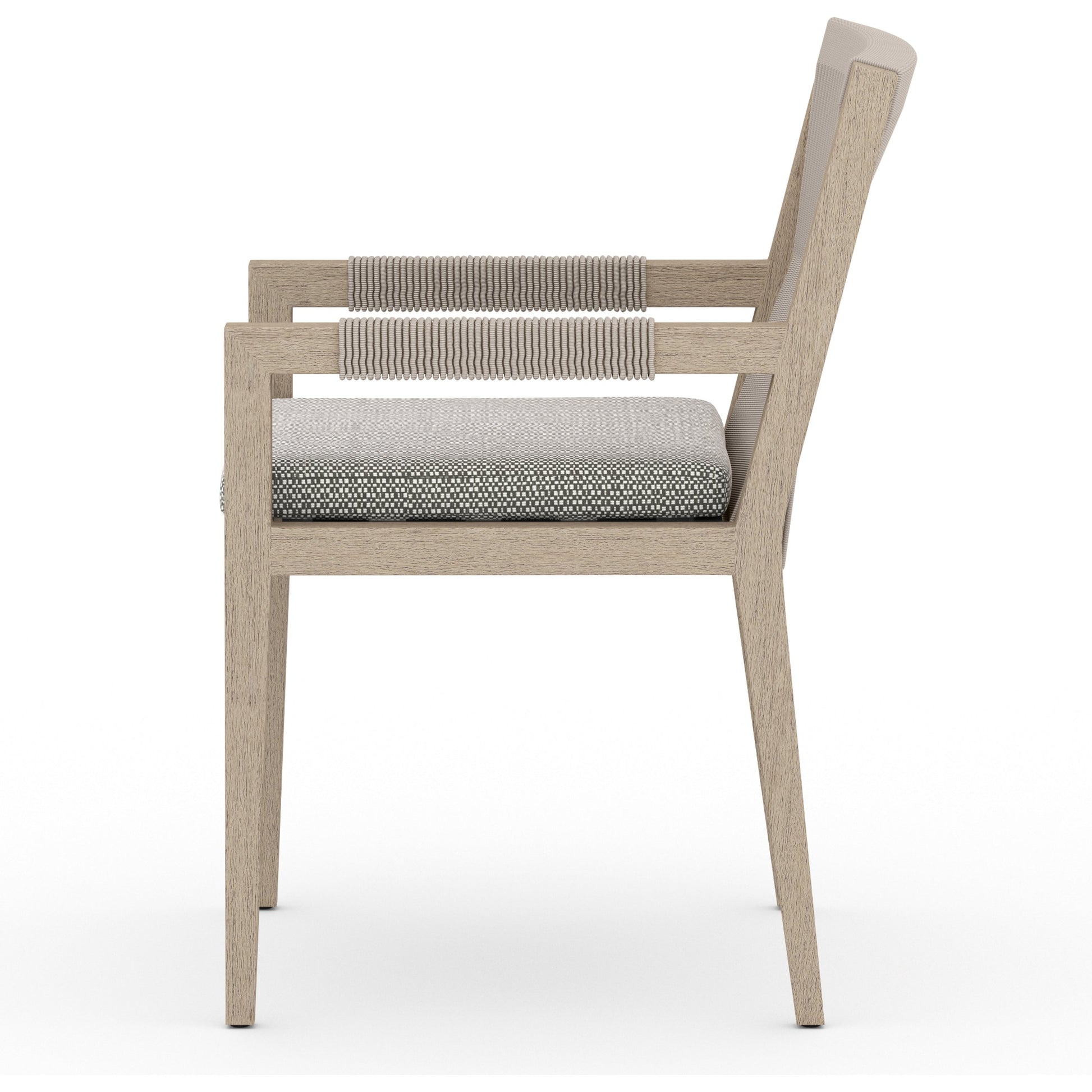 Sherwood Dining Armchair, Washed Brown by Four Hands. Made from 100% olefin, solid fsc®-certified teak, 100% polypropylene in a cottage & farmhouse style.
