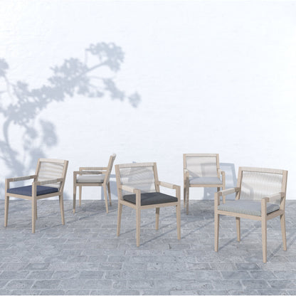 Sherwood Dining Armchair, Washed Brown by Four Hands. Made from 100% olefin, solid fsc®-certified teak, 100% polypropylene in a cottage & farmhouse style.