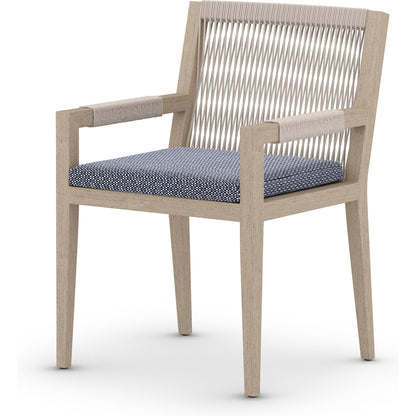Sherwood Dining Armchair, Washed Brown by Four Hands. Made from 100% olefin, solid fsc®-certified teak, 100% polypropylene in a cottage & farmhouse style.