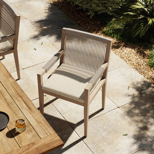 Sherwood Dining Armchair, Washed Brown by Four Hands in faye sand, grey rope, washed brown. Made from 100% olefin, solid fsc®-certified teak, 100% polypropylene in a cottage & farmhouse style.