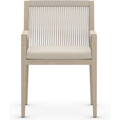 Sherwood Dining Armchair, Washed Brown by Four Hands. Made from 100% olefin, solid fsc®-certified teak, 100% polypropylene in a cottage & farmhouse style.