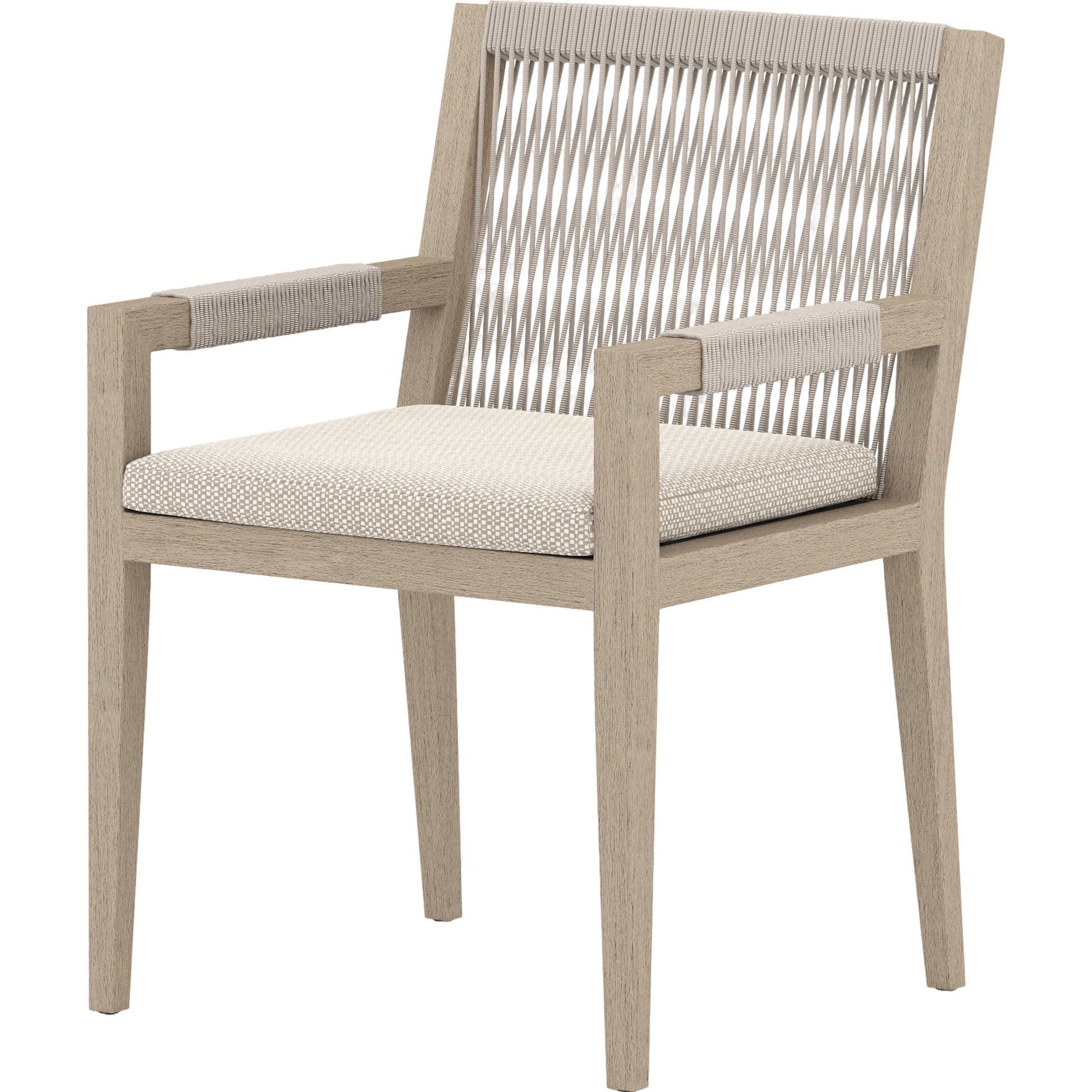 Sherwood Dining Armchair, Washed Brown by Four Hands. Made from 100% olefin, solid fsc®-certified teak, 100% polypropylene in a cottage & farmhouse style.