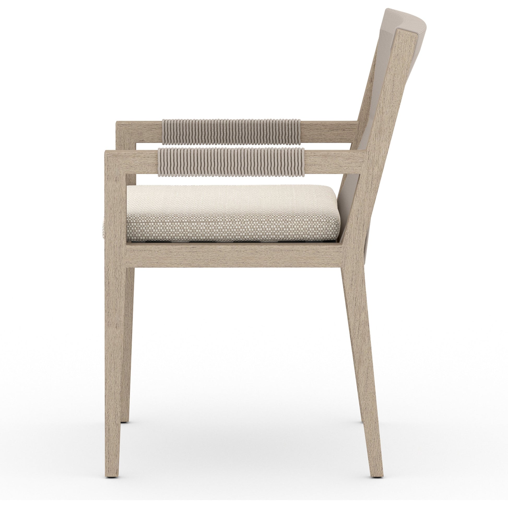 Sherwood Dining Armchair, Washed Brown by Four Hands. Made from 100% olefin, solid fsc®-certified teak, 100% polypropylene in a cottage & farmhouse style.