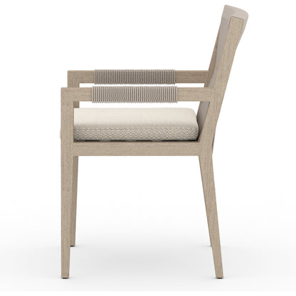 Sherwood Dining Armchair, Washed Brown by Four Hands. Made from 100% olefin, solid fsc®-certified teak, 100% polypropylene in a cottage & farmhouse style.