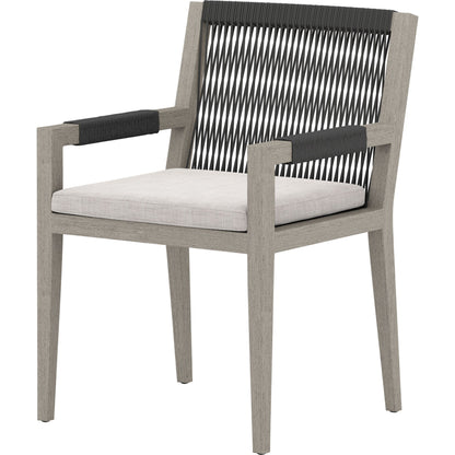 Sherwood Outdoor Dining Armchair, Weathered Grey by Four Hands. Made from 100% olefin, solid fsc®-certified teak, 100% polypropylene in a coastal style.