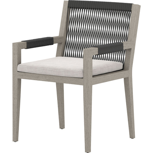 Sherwood Outdoor Dining Armchair, Weathered Grey by Four Hands. Made from 100% olefin, solid fsc®-certified teak, 100% polypropylene in a coastal style.